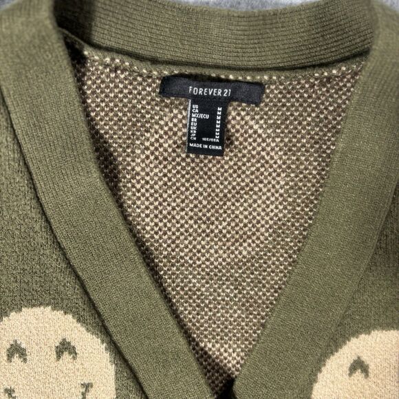Forever 21 Women's Cozy Fit Cardigan Smiley Face Green Tan Jacquard Knit Size M - Picture 5 of 7
